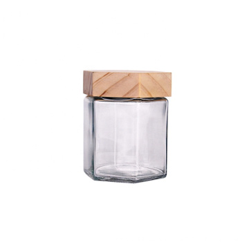 Customized Clear 380ml Hexagonal Glass Honey Jars glass food storage jar With Wooden Lids